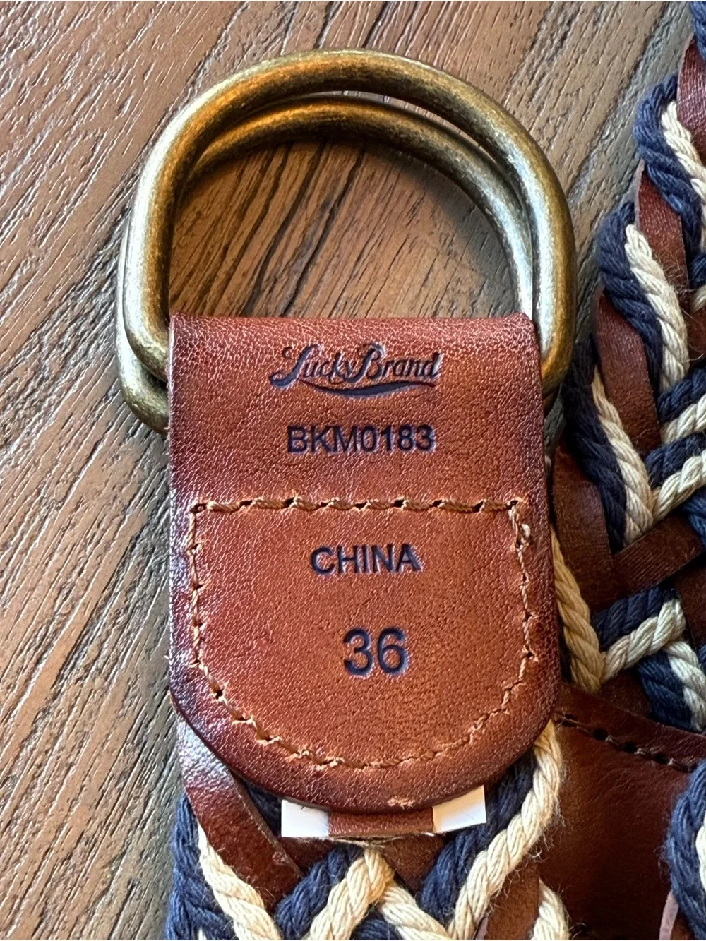 Lucky Brand Braided Leather Rope D Ring Belt Size 36 Brown Navy Cream Woven